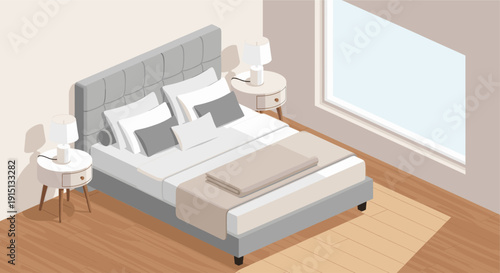 Isometric vector illustration of a modern bedroom interior. Features a bed, nightstands with lamps, a window, and warm lighting. Ideal for design and architecture concepts.
