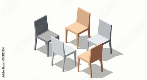 Minimalistic isometric illustration of five chairs arranged in a circle. Represents meetings, gatherings, discussions, or therapy sessions. Suitable for business, design, or conceptual themes.