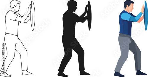 Man performs tai chi with a large disk in various graphic styles