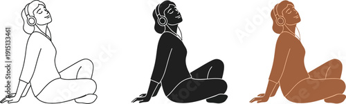 Serene woman meditates with headphones on in various artistic styles