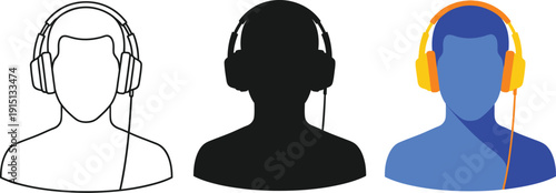 Simple headphone illustrations in different styles and colorful designs shown together