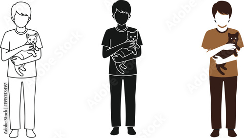 Man holds a cat in his arms with different styles