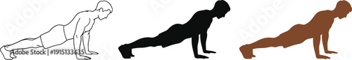 Man performing pushups illustrated in various styles and colors