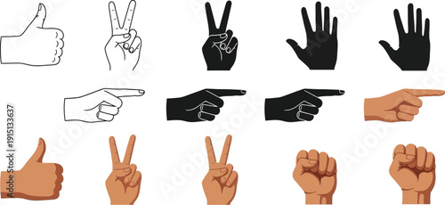 Collection of diverse hand gestures in various styles and colors displayed