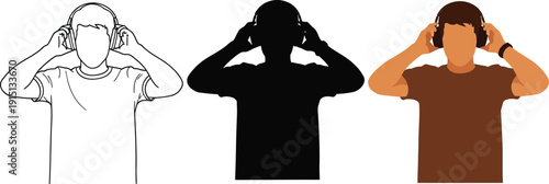 Man listening to music on headphones in various illustration styles