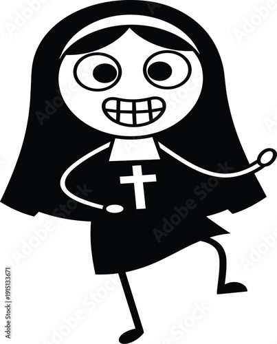 Cartoon nun character, black and white illustration, joyful dance pose, religious costume, expressive face, fun design, vector art, smiling nun