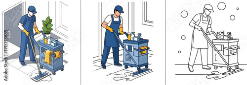 Janitor cleans floor with mop and bucket cart in facility