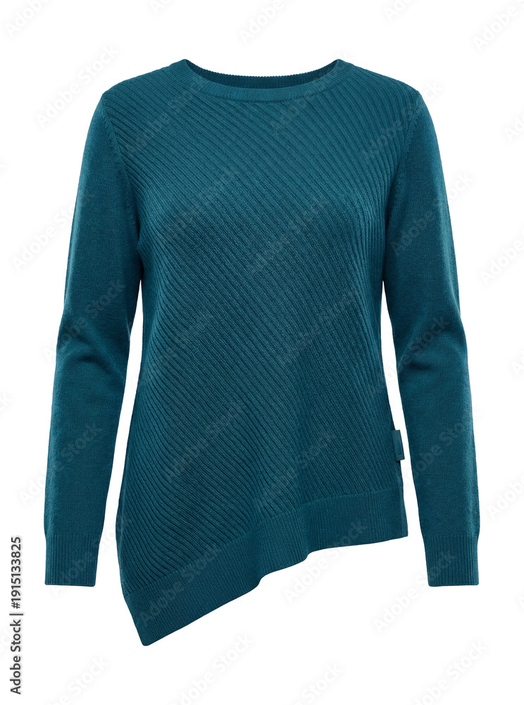 Fototapeta premium Asymmetrical hem knit sweater in teal with a diagonal ribbed pattern