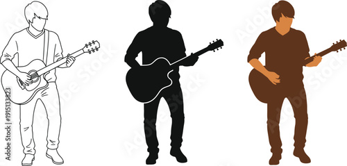 Young man playing acoustic guitar depicted in various illustration styles