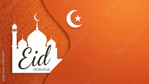 Celebrating Eid with mosque silhouettes and crescent moon against vibrant orange background