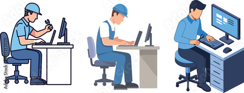 Professionals working on computers in various office settings and attire styles