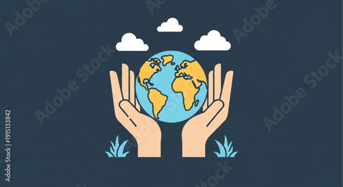 Hands cradling the earth globe with clouds and plants symbolizing environmental care and protection