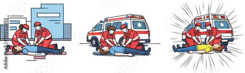 Emergency medical technicians assisting injured people into an ambulance vehicle quickly