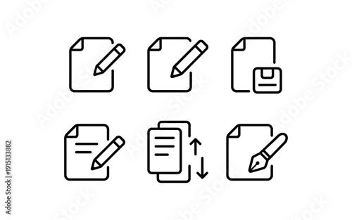 Set of document icons representing editing, saving, and file management operations