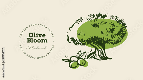 Vintage sketch olive tree banner. Extra virgin, farm product, Mediterranean cuisine, cosmetic, organic farm, packaging label. Engraved hand drawn vector illustration.