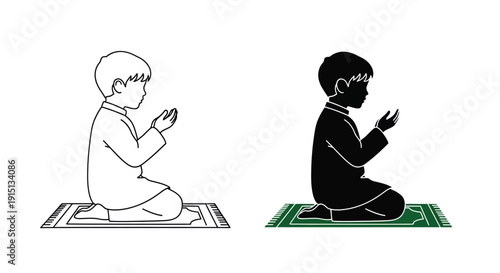 Two depictions of a kneeling child in prayer a contrasting silhouette