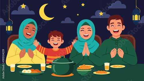 Family gathered around a table praying together under a starry night sky with a crescent moon