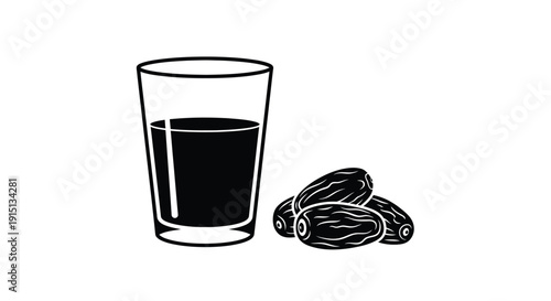 A glass of liquid and dates presented in a stark silhouette