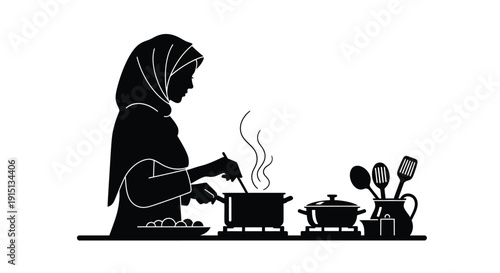 Woman cooking in the kitchen a striking black silhouette