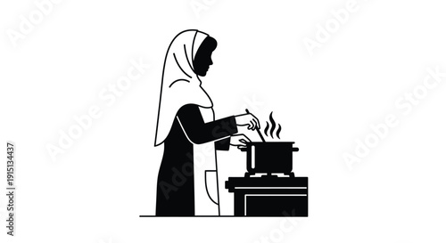 Woman cooking with a pot on the stove a striking silhouette