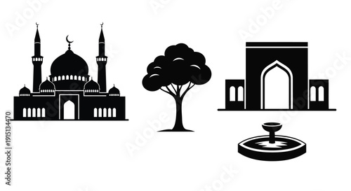 Islamic architecture trees and a fountain in stark silhouette