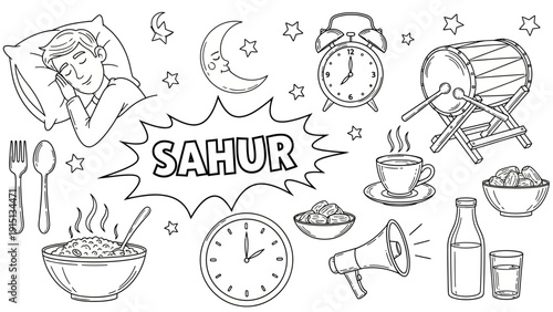 Pre-Dawn Meal Preparation Scene with Various Elements and Symbols Surrounding the Concept of Sahur