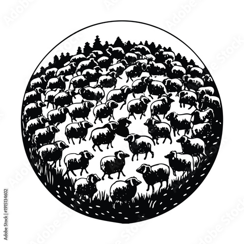 Vector illustration of a flock of sheep in a circular pattern