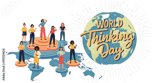 Illustration of diverse people standing on a globe for World Thinking Day 2026, promoting global action and sisterhood with empowering girls through leadership and solidarity in America,