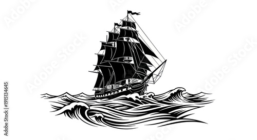 Vintage Tall Ship Sailing on Rough Seas, Nautical Adventure Illustration