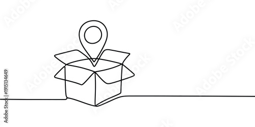 cardboard box continuous one line drawing shipping box location pin icon.