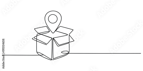 cardboard box continuous one line drawing shipping box location pin icon.