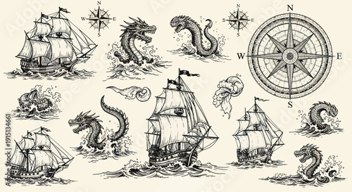 Vintage Nautical Adventure: Ships, Sea Monsters, and Compass Rose Illustration