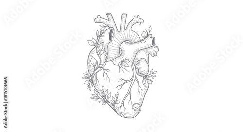 Anatomical Heart Drawing with Growing Leaves and Vines, Organic Life Symbol