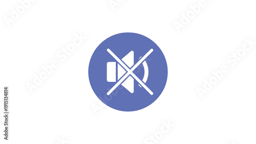 Professional white mute speaker icon on purple circle background. Sleek vector logo for silent mode, audio privacy, and media player control UI.