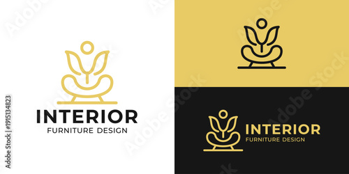 Creative simple interior furniture logo template. Abstract sofa with nature leaf symbol logo design vector illustration.