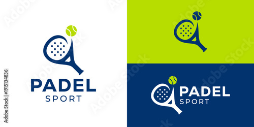 Creative simple padel logo template. Tennis ball with racket paddle symbol, sport logo design vector illustration.