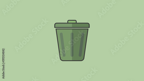Professional green minimalist trash can icon on sage background. Sleek vector logo for file deletion, waste management, and recycle UI design