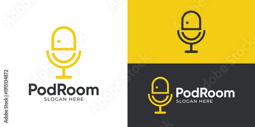 Creative simple podcast room logo template. Abstract microphone with doorway for podcast studio logo design vector illustration.