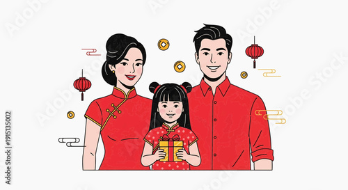 A happy Chinese family celebrating a special occasion, dressed in traditional red outfits, with a gift box and festive lanterns adorning the background