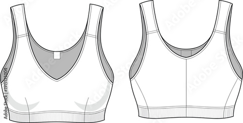 Comfortable seamless sports bra, front and back view, vector CAD drawing, flat illustration, activewear design, fitness top, breathable fabric