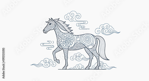 Majestic illustration of a stylized horse featuring intricate Celtic knot patterns and swirling auspicious clouds, embodying grace and cultural design