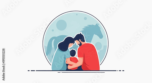 A loving family embraces together under the watchful gaze of a celestial horse, symbolizing dreams, protection, and cherished bonds in a serene, modern illustration
