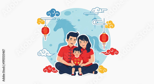 Happy Chinese New Year celebration with a family of three and a horse in the background, symbolizing good fortune and prosperity