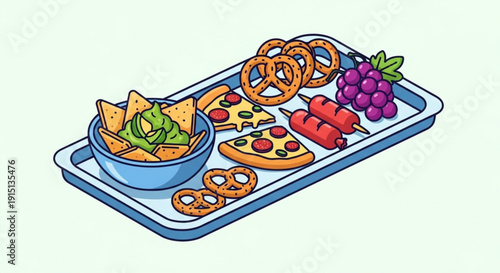 Colorful snack tray with pizza slices pretzels chips grapes and hot dogs on a blue tray