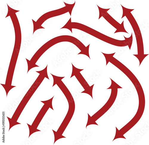 A collection of bold red curved arrows pointing in various directions across a plain white background