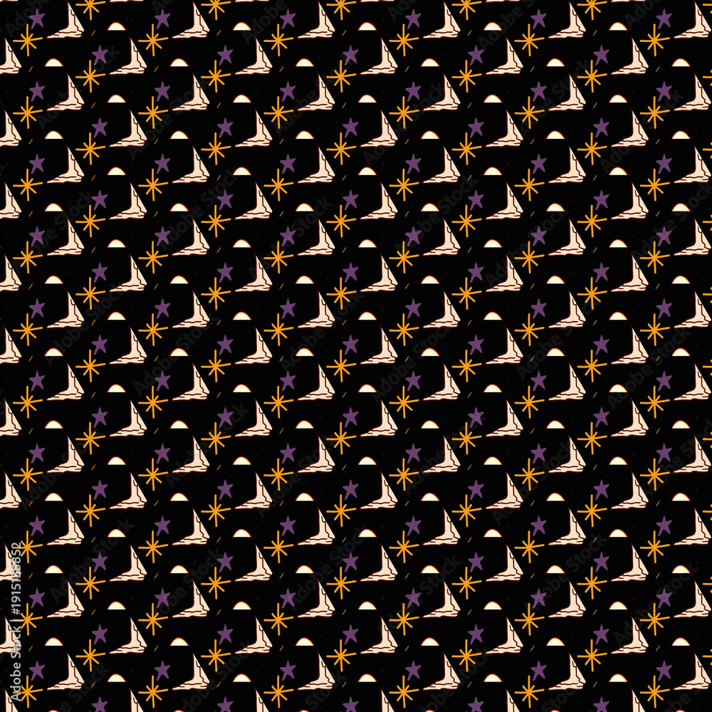 Fototapeta premium Seamless pattern with hand-drawn white crescent moons and golden yellow stars on a charcoal black background, ideal for textile design or digital paper.