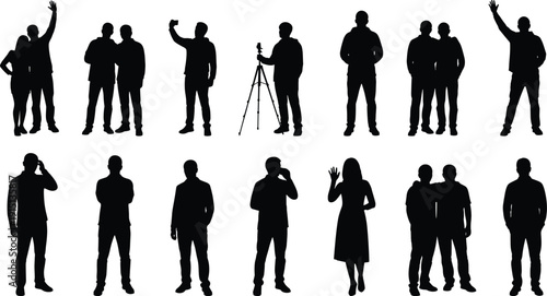 Business people silhouette group collection, male female standing talking waving poses, corporate teamwork characters, full body outline vector illustration set