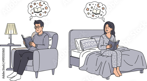 Couple reading books at night, relaxing bedtime routine, cozy home lifestyle, peaceful evening activity, literature lovers enjoying quiet reading time