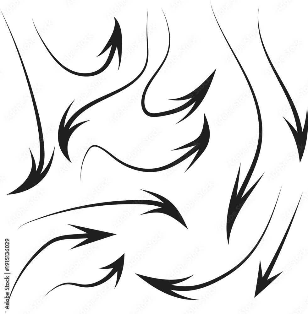 Obraz premium A diverse assortment of black flowing hand drawn arrows pointing in multiple directions on a clean white surface