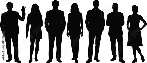 Business people silhouette lineup, male female professional standing team figures, corporate office staff characters, full body outline vector set